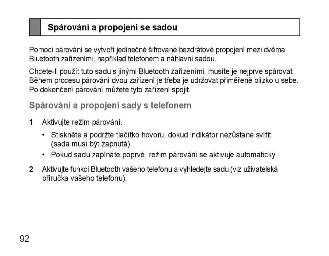 Samsung AWEP570VBECSER, AWEP570VBECXEF manual Spárování a propojení se sadou, Spárování a propojení sady s telefonem 