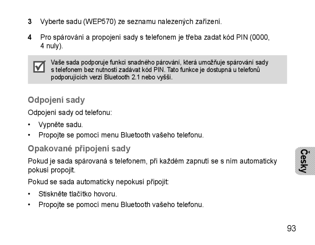 Samsung AWEP570VBECXEF, AWEP570EBECXEF, AWEP570VBECXEH, AWEP570VBECSER manual Odpojení sady, Opakované připojení sady 