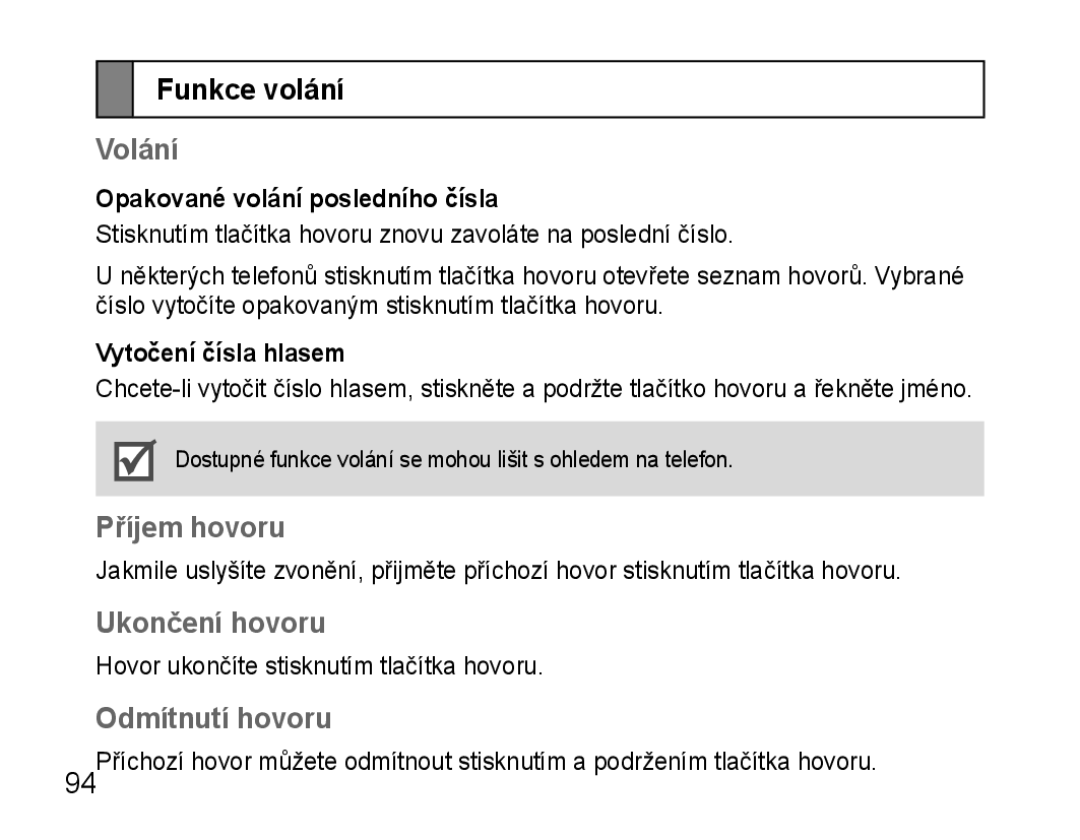 Samsung AWEP570EBECXEF, AWEP570VBECXEF manual Funkce volání, Volání, Příjem hovoru, Ukončení hovoru, Odmítnutí hovoru 