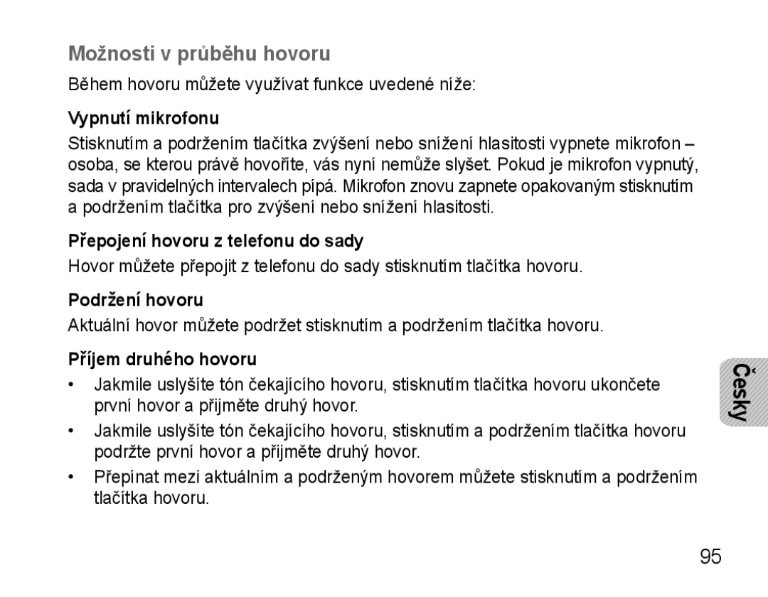 Samsung AWEP570VBECXEH Možnosti v průběhu hovoru, Vypnutí mikrofonu, Přepojení hovoru z telefonu do sady, Podržení hovoru 