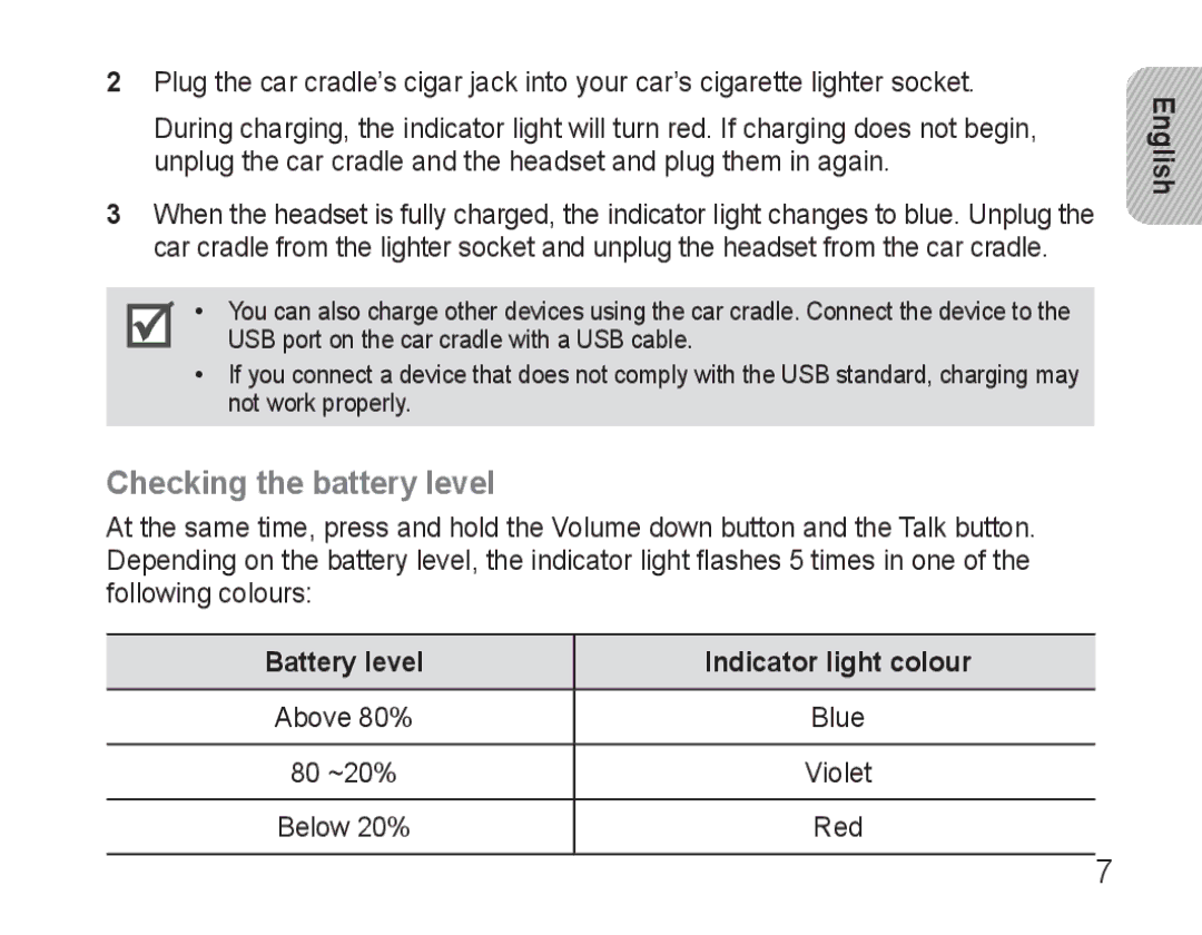 Samsung AWEP570VBECXEH, AWEP570VBECXEF, AWEP570EBECXEF Checking the battery level, Battery level Indicator light colour 