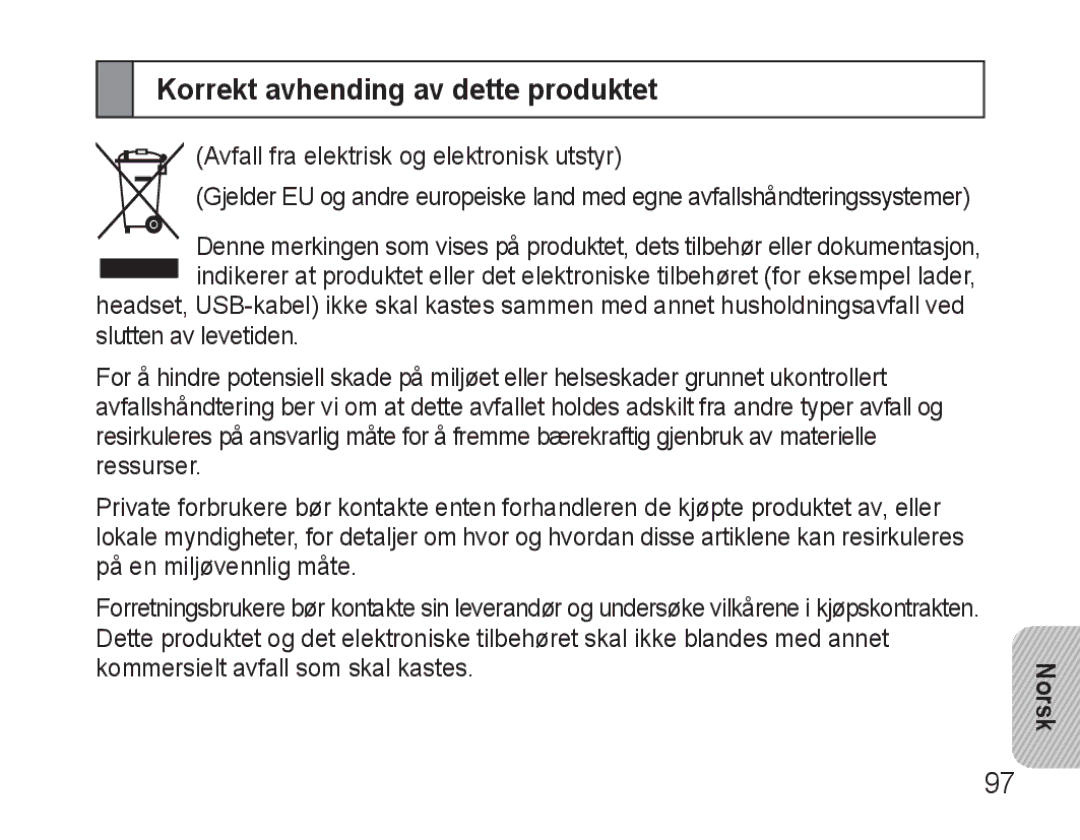 Samsung AWEP570VBECXEF, AWEP570EBECXEF, AWEP570VBECXEH, AWEP570VBECSER manual Korrekt avhending av dette produktet 