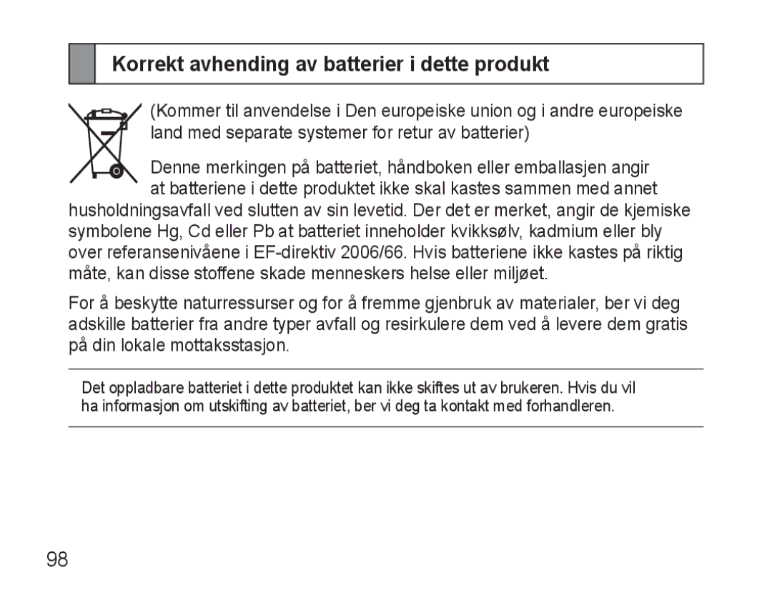 Samsung AWEP570EBECXEF, AWEP570VBECXEF, AWEP570VBECXEH, AWEP570VBECSER manual Korrekt avhending av batterier i dette produkt 