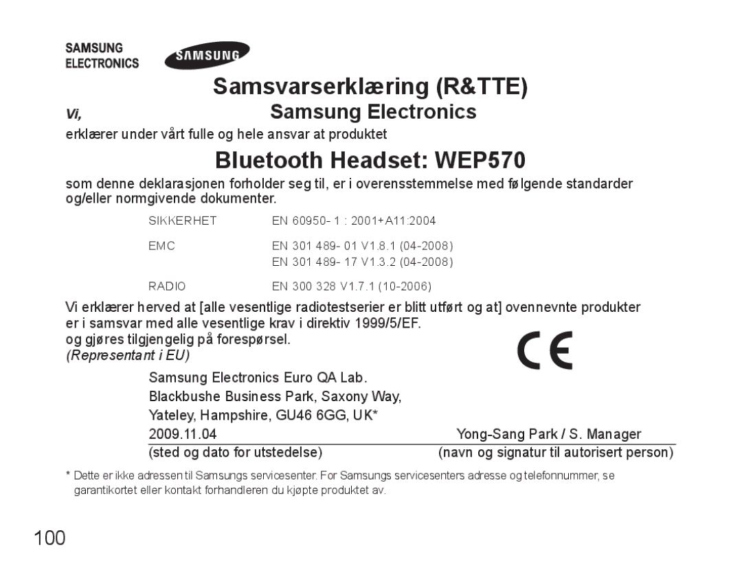 Samsung AWEP570VBECSER, AWEP570VBECXEF, AWEP570EBECXEF, AWEP570VBECXEH manual Samsvarserklæring R&TTE 