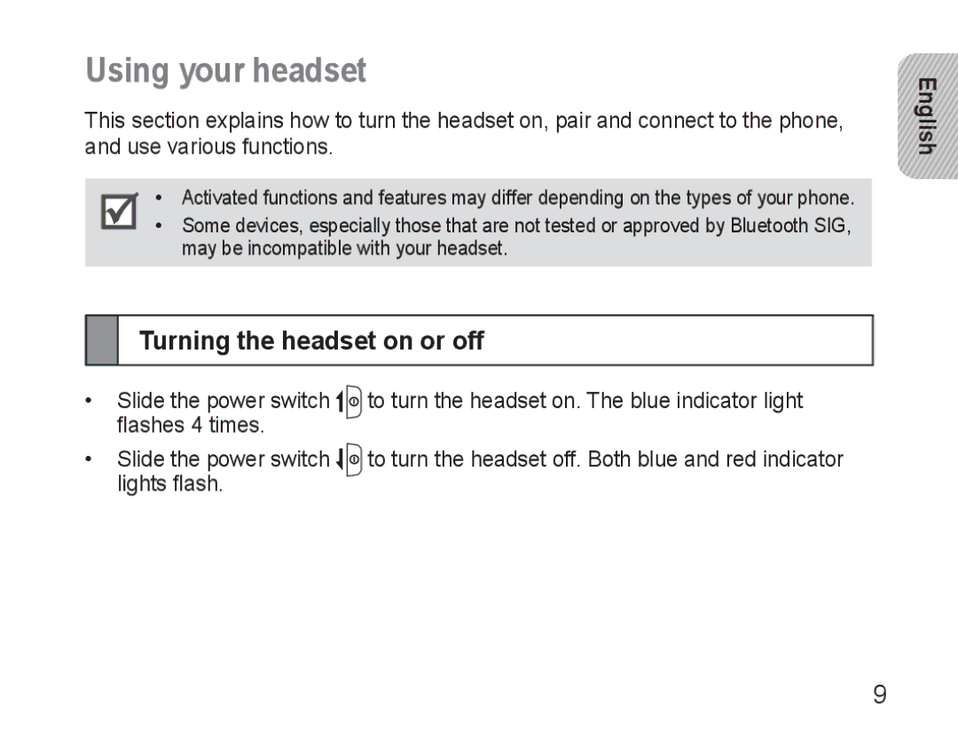 Samsung AWEP570VBECXEF, AWEP570EBECXEF, AWEP570VBECXEH, AWEP570VBECSER Using your headset, Turning the headset on or off 