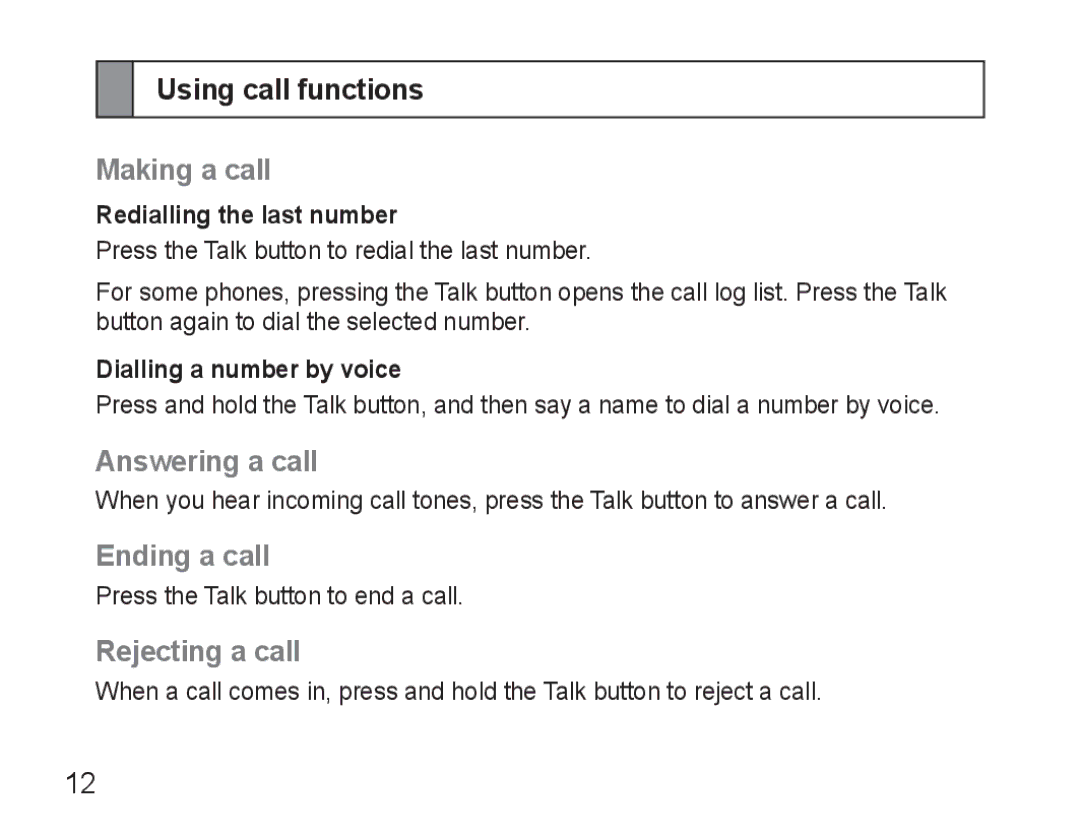 Samsung AWEP570VBECSER manual Using call functions, Making a call, Answering a call, Ending a call, Rejecting a call 