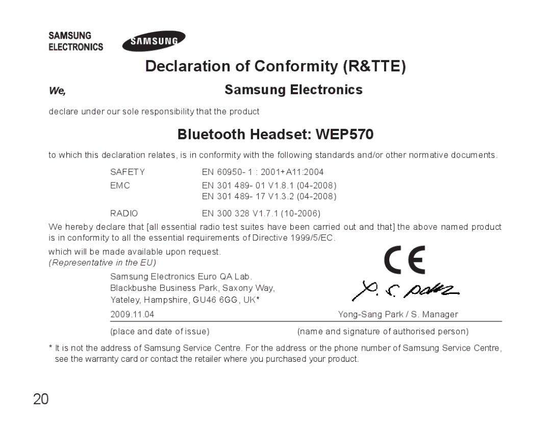 Samsung AWEP570VBECSER, AWEP570VBECXEF, AWEP570EBECXEF manual Declaration of Conformity R&TTE, Bluetooth Headset WEP570 