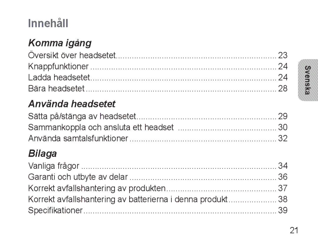 Samsung AWEP570VBECXEF, AWEP570EBECXEF, AWEP570VBECXEH, AWEP570VBECSER manual Innehåll, Svenska 