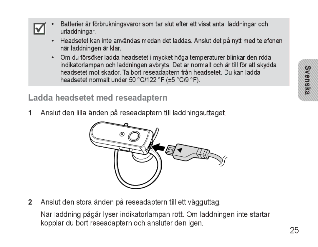 Samsung AWEP570VBECXEF, AWEP570EBECXEF, AWEP570VBECXEH, AWEP570VBECSER manual Ladda headsetet med reseadaptern 