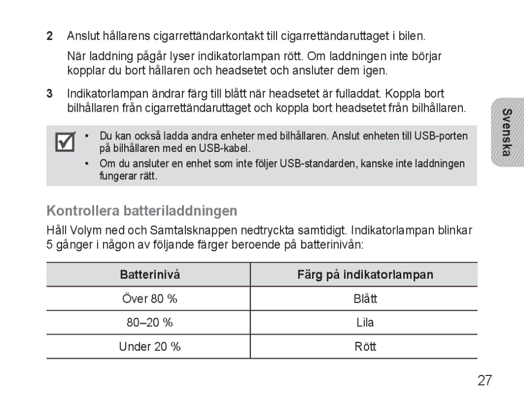 Samsung AWEP570VBECXEH, AWEP570VBECXEF, AWEP570EBECXEF Kontrollera batteriladdningen, Batterinivå Färg på indikatorlampan 