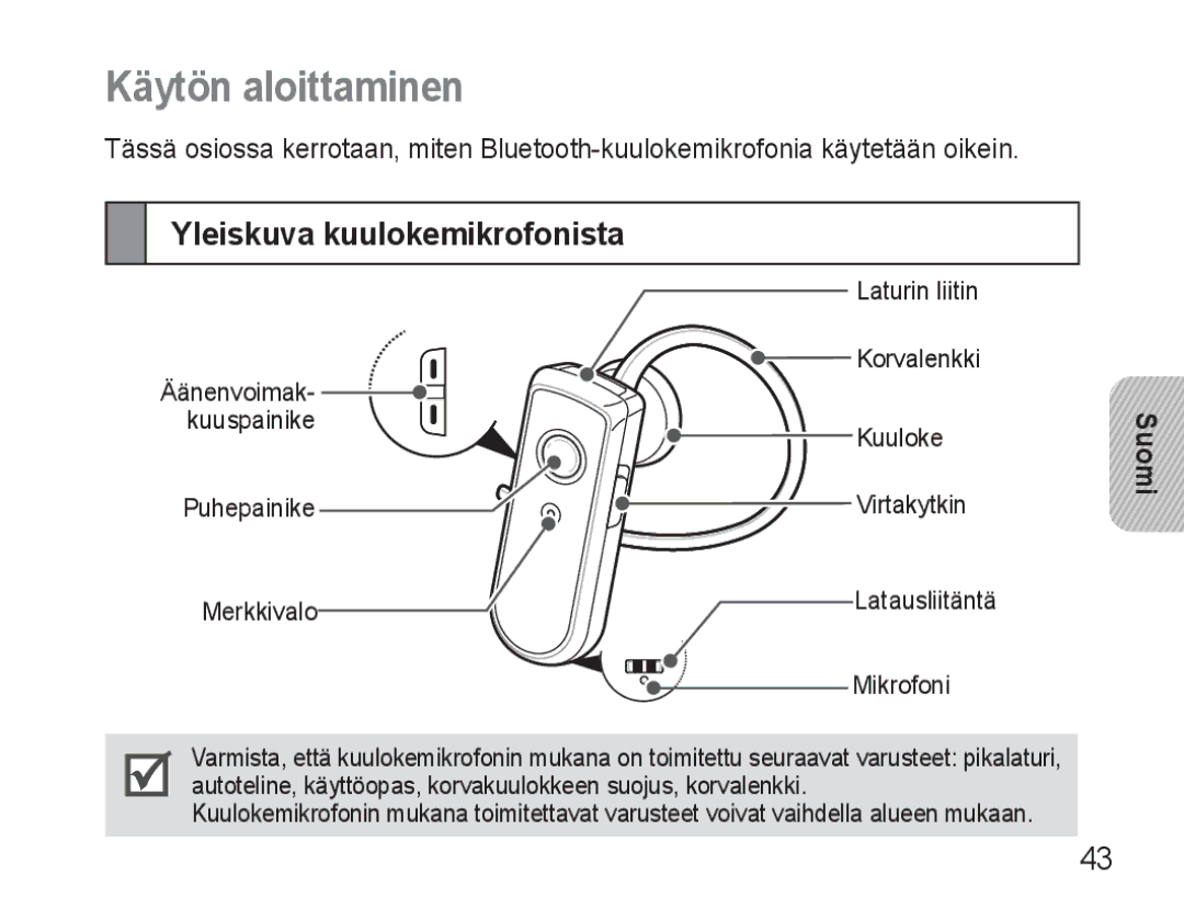 Samsung AWEP570VBECXEH, AWEP570VBECXEF, AWEP570EBECXEF, AWEP570VBECSER Käytön aloittaminen, Yleiskuva kuulokemikrofonista 