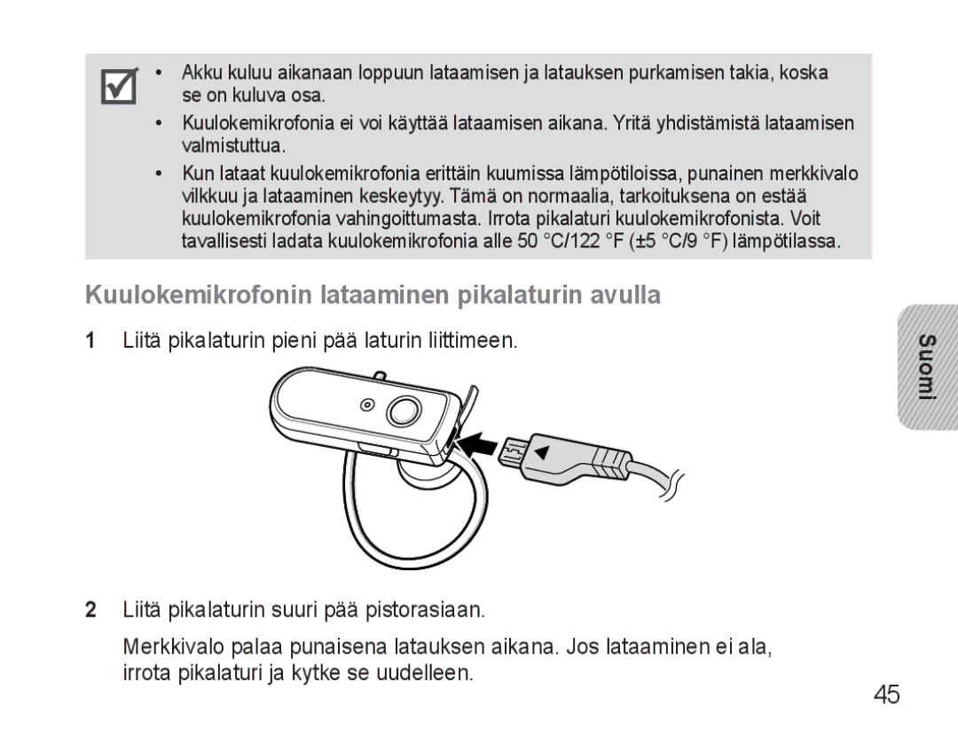 Samsung AWEP570VBECXEF, AWEP570EBECXEF, AWEP570VBECXEH, AWEP570VBECSER manual Kuulokemikrofonin lataaminen pikalaturin avulla 