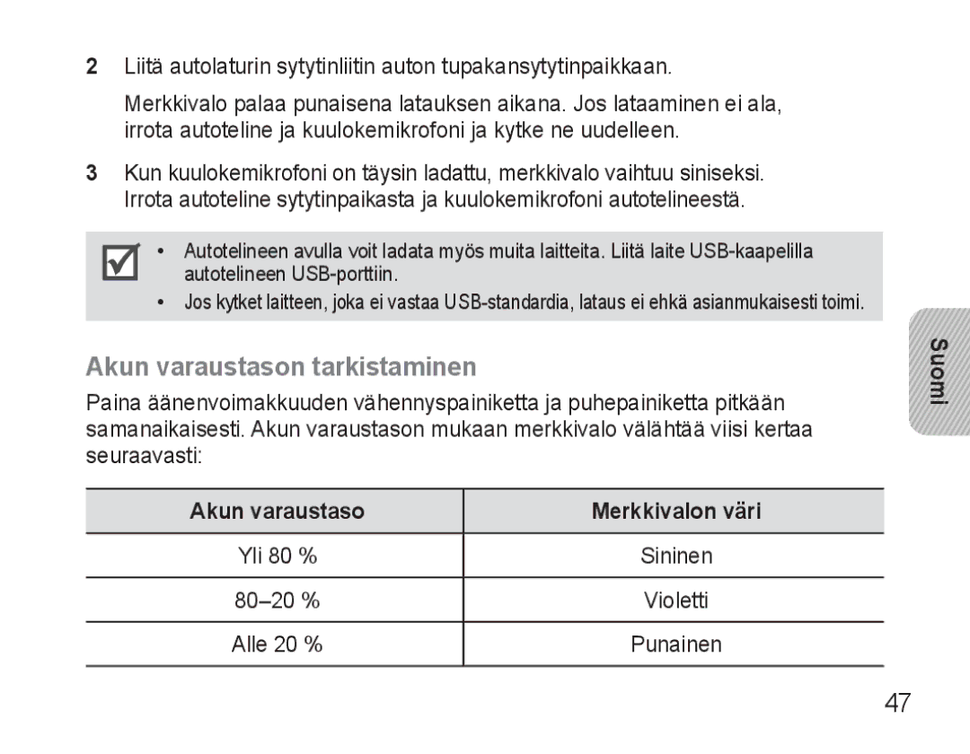 Samsung AWEP570VBECXEH, AWEP570VBECXEF, AWEP570EBECXEF Akun varaustason tarkistaminen, Akun varaustaso Merkkivalon väri 