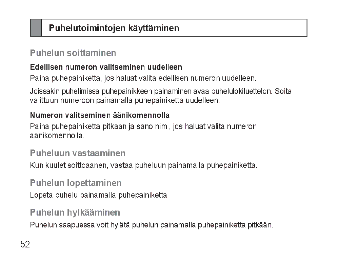 Samsung AWEP570VBECSER Puhelutoimintojen käyttäminen, Puhelun soittaminen, Puheluun vastaaminen, Puhelun lopettaminen 