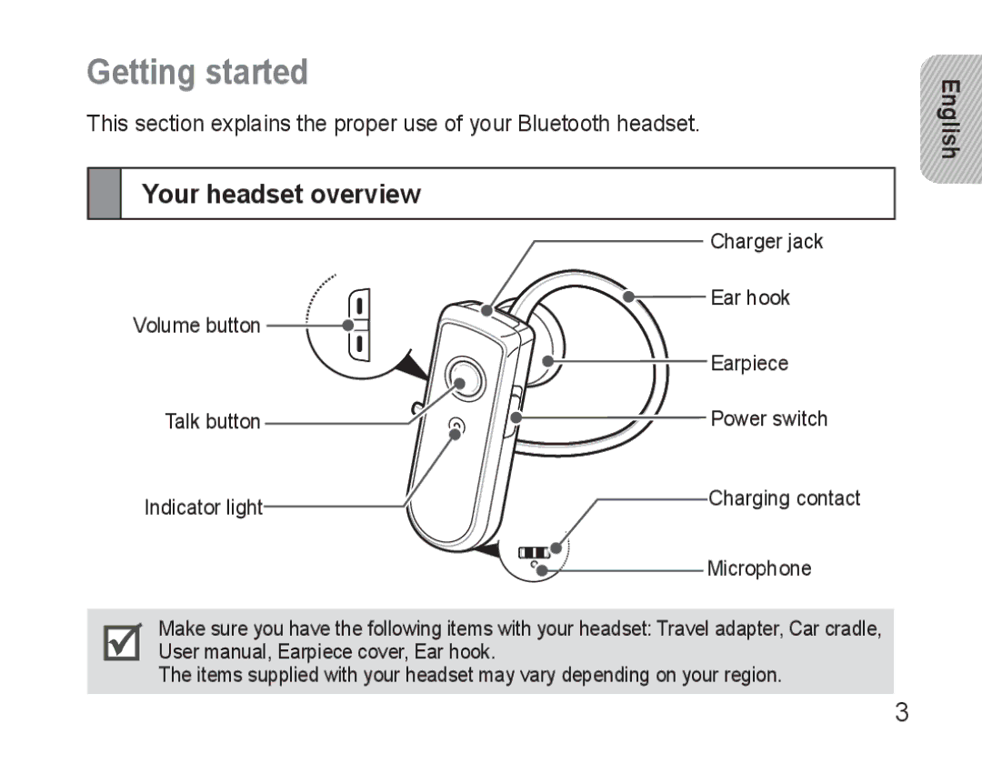 Samsung AWEP570VBECXEH, AWEP570VBECXEF, AWEP570EBECXEF, AWEP570VBECSER manual Getting started, Your headset overview 