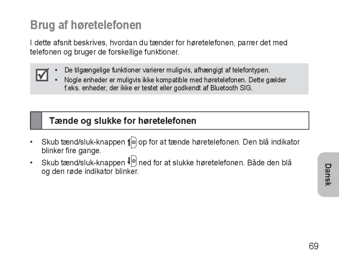 Samsung AWEP570VBECXEF, AWEP570EBECXEF, AWEP570VBECXEH manual Brug af høretelefonen, Tænde og slukke for høretelefonen 