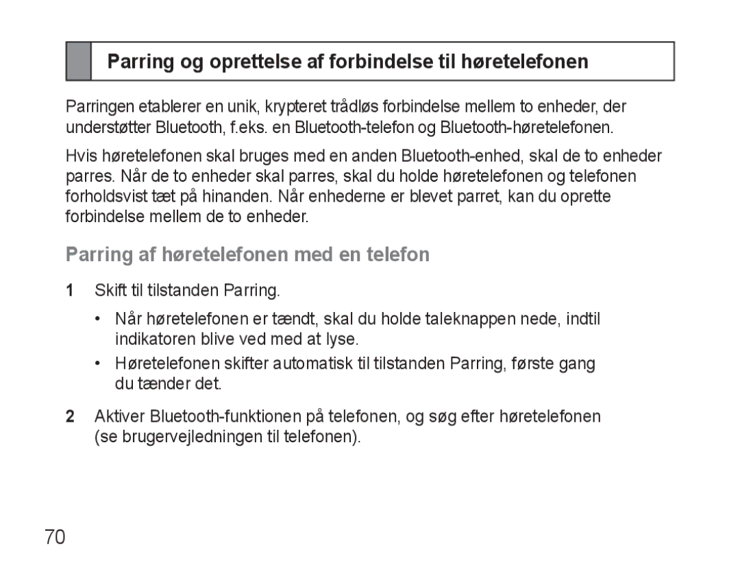 Samsung AWEP570EBECXEF Parring og oprettelse af forbindelse til høretelefonen, Parring af høretelefonen med en telefon 