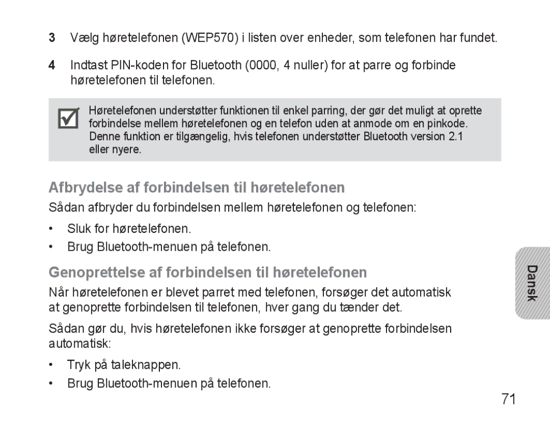 Samsung AWEP570VBECXEH manual Afbrydelse af forbindelsen til høretelefonen, Genoprettelse af forbindelsen til høretelefonen 