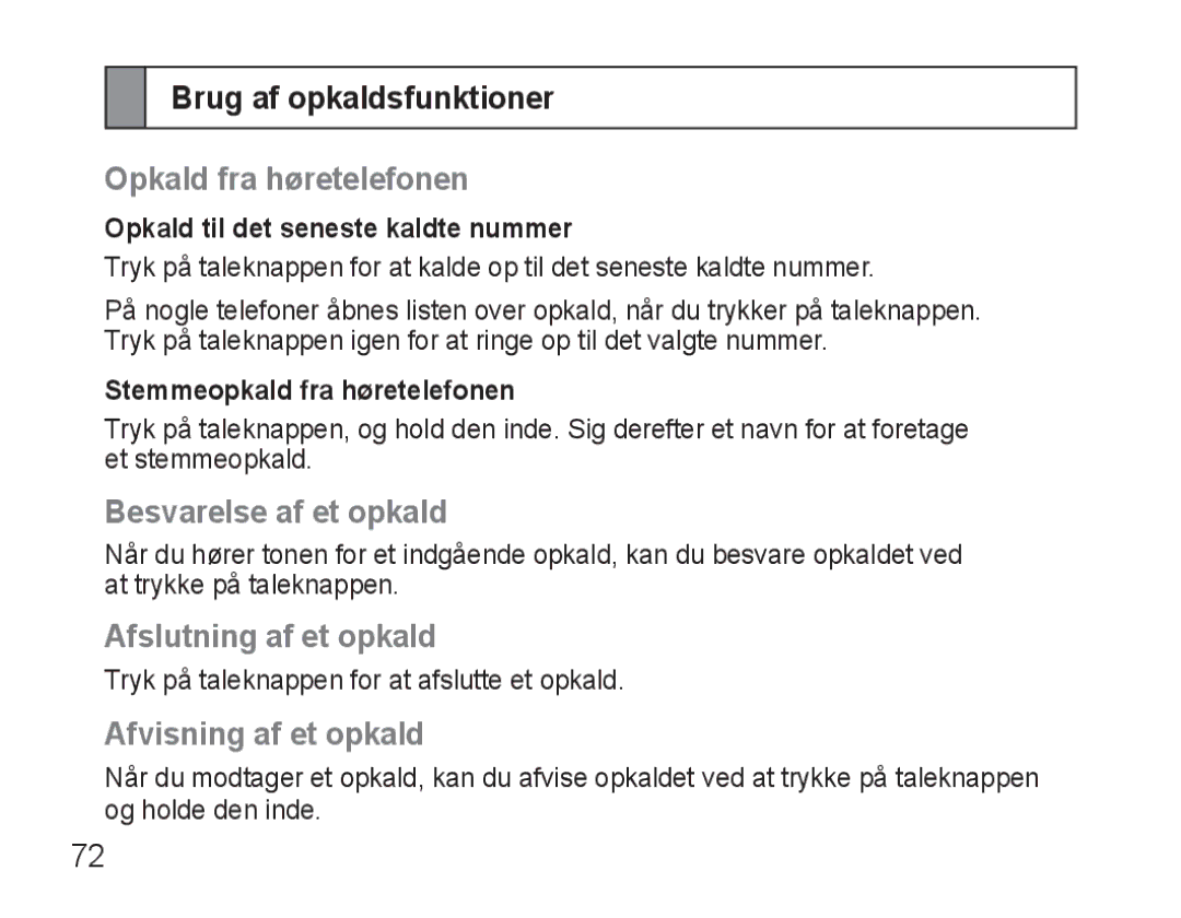 Samsung AWEP570VBECSER, AWEP570VBECXEF manual Brug af opkaldsfunktioner, Opkald fra høretelefonen, Besvarelse af et opkald 