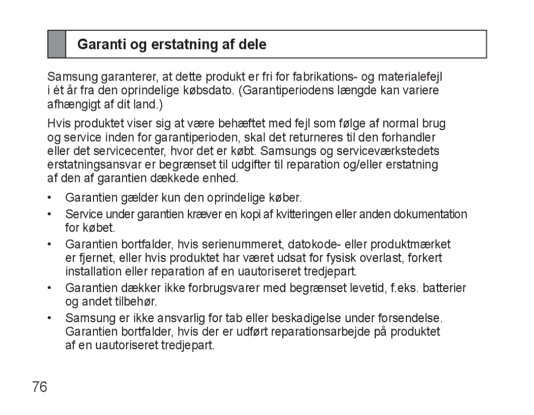 Samsung AWEP570VBECSER, AWEP570VBECXEF, AWEP570EBECXEF, AWEP570VBECXEH manual Garanti og erstatning af dele 