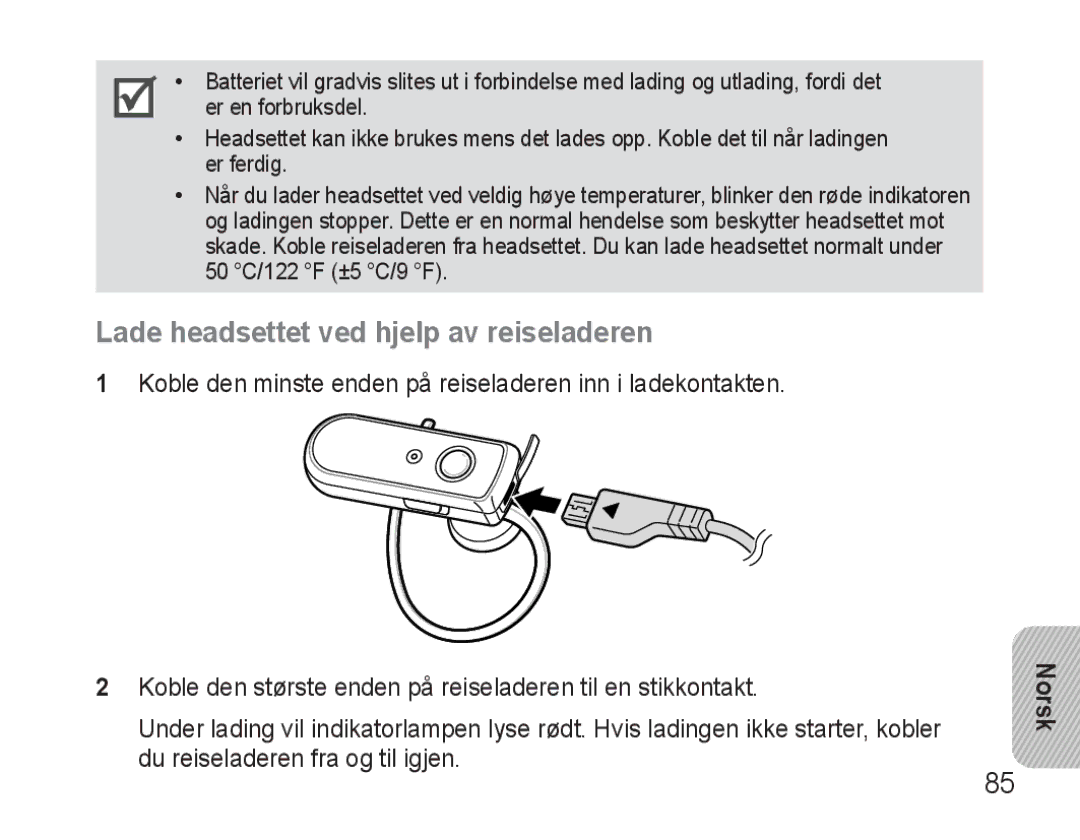 Samsung AWEP570VBECXEF, AWEP570EBECXEF, AWEP570VBECXEH, AWEP570VBECSER manual Lade headsettet ved hjelp av reiseladeren, Norsk 