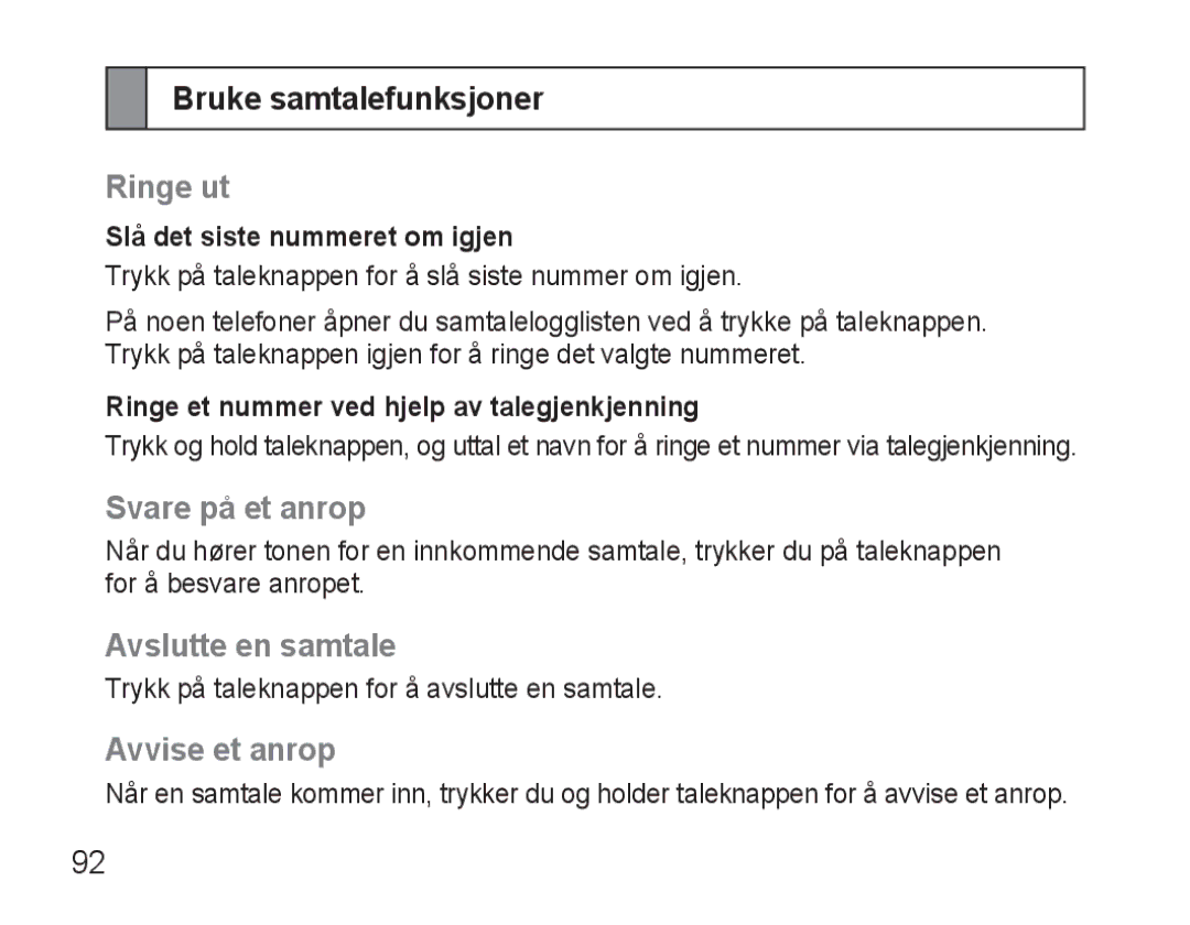 Samsung AWEP570VBECSER manual Bruke samtalefunksjoner, Ringe ut, Svare på et anrop, Avslutte en samtale, Avvise et anrop 