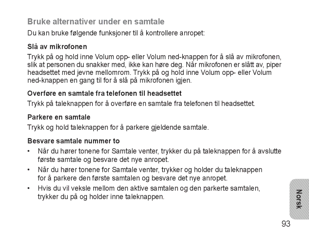 Samsung AWEP570VBECXEF, AWEP570EBECXEF manual Bruke alternativer under en samtale, Slå av mikrofonen, Parkere en samtale 