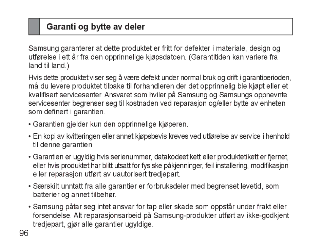 Samsung AWEP570VBECSER, AWEP570VBECXEF, AWEP570EBECXEF, AWEP570VBECXEH manual Garanti og bytte av deler 