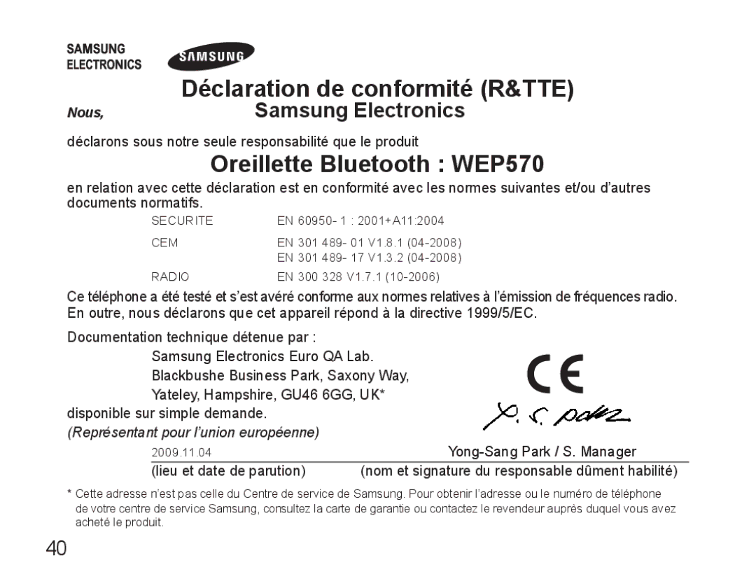 Samsung AWEP570VBECSER, AWEP570VBECXEF, AWEP570EBECXEF, AWEP570VBECXEH manual Oreillette Bluetooth WEP570 