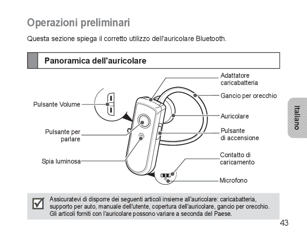 Samsung AWEP570VBECXEH, AWEP570VBECXEF, AWEP570EBECXEF, AWEP570VBECSER Operazioni preliminari, Panoramica dellauricolare 