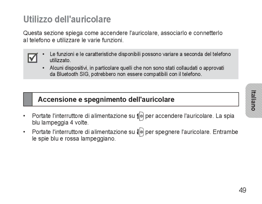 Samsung AWEP570VBECXEF, AWEP570EBECXEF, AWEP570VBECXEH Utilizzo dellauricolare, Accensione e spegnimento dellauricolare 