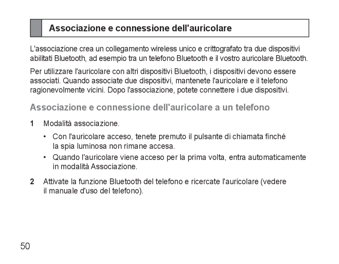 Samsung AWEP570EBECXEF, AWEP570VBECXEF, AWEP570VBECXEH manual Associazione e connessione dellauricolare a un telefono 