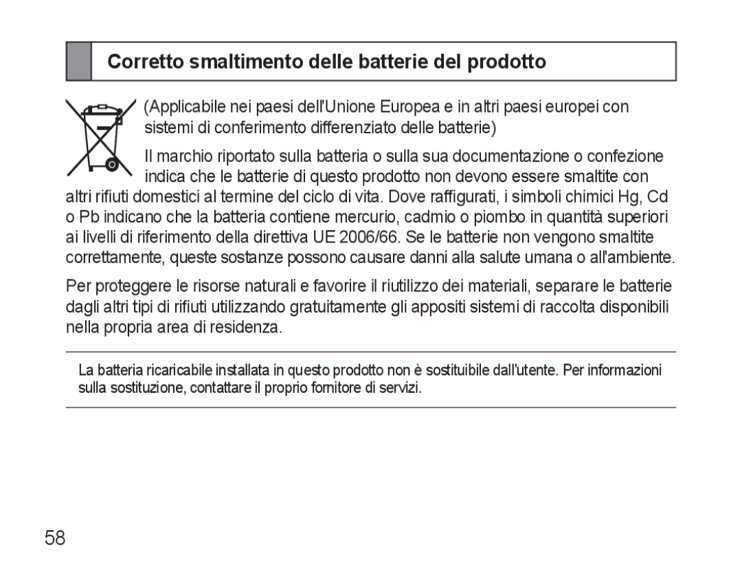 Samsung AWEP570EBECXEF, AWEP570VBECXEF, AWEP570VBECXEH, AWEP570VBECSER manual Corretto smaltimento delle batterie del prodotto 