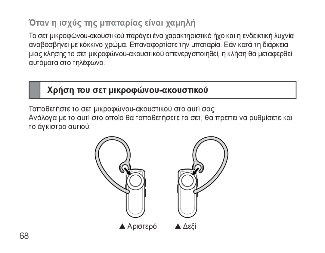 Samsung AWEP570VBECSER, AWEP570VBECXEF manual Όταν η ισχύς της μπαταρίας είναι χαμηλή, Χρήση του σετ μικροφώνου-ακουστικού 