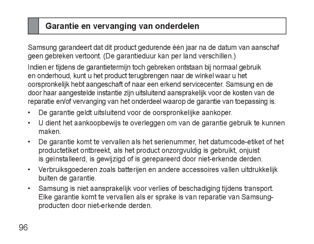 Samsung AWEP570VBECSER, AWEP570VBECXEF, AWEP570EBECXEF, AWEP570VBECXEH manual Garantie en vervanging van onderdelen 