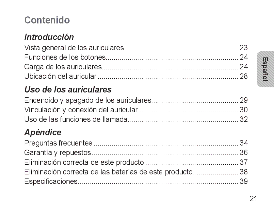 Samsung AWEP570VBECXEF, AWEP570EBECXEF, AWEP570VBECXEH, AWEP570VBECSER manual Contenido, Español 