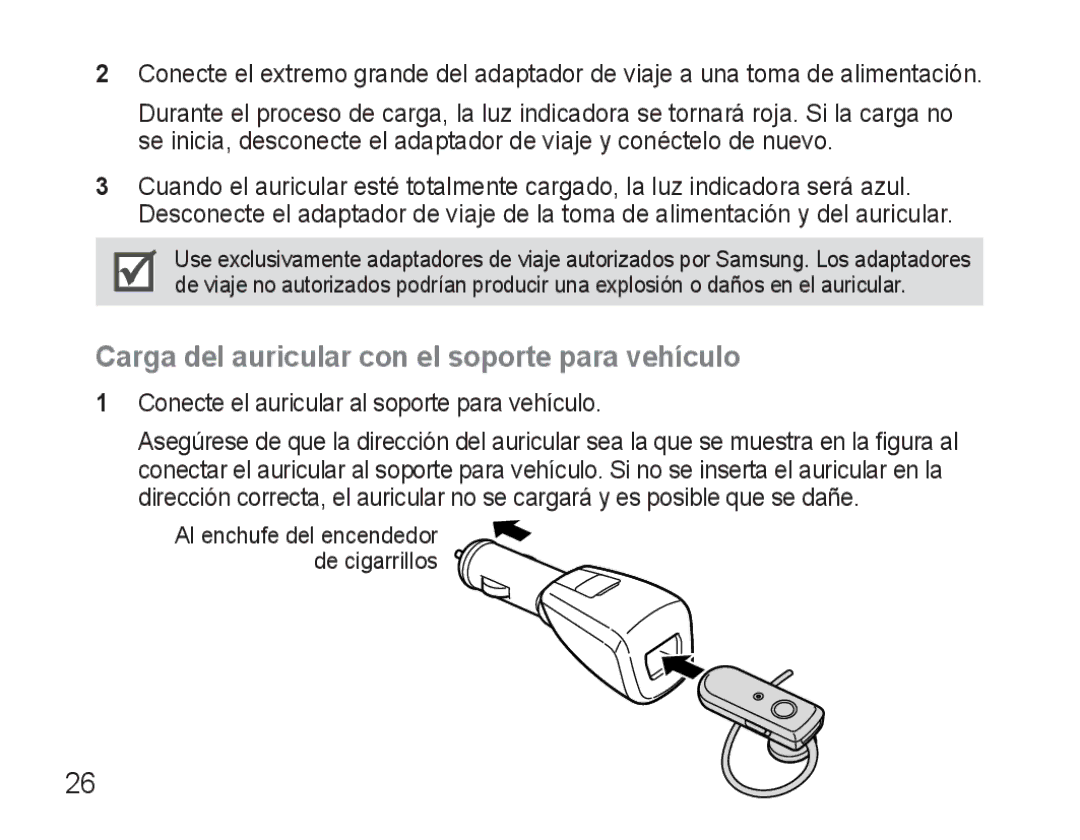 Samsung AWEP570EBECXEF, AWEP570VBECXEF, AWEP570VBECXEH, AWEP570VBECSER manual Carga del auricular con el soporte para vehículo 