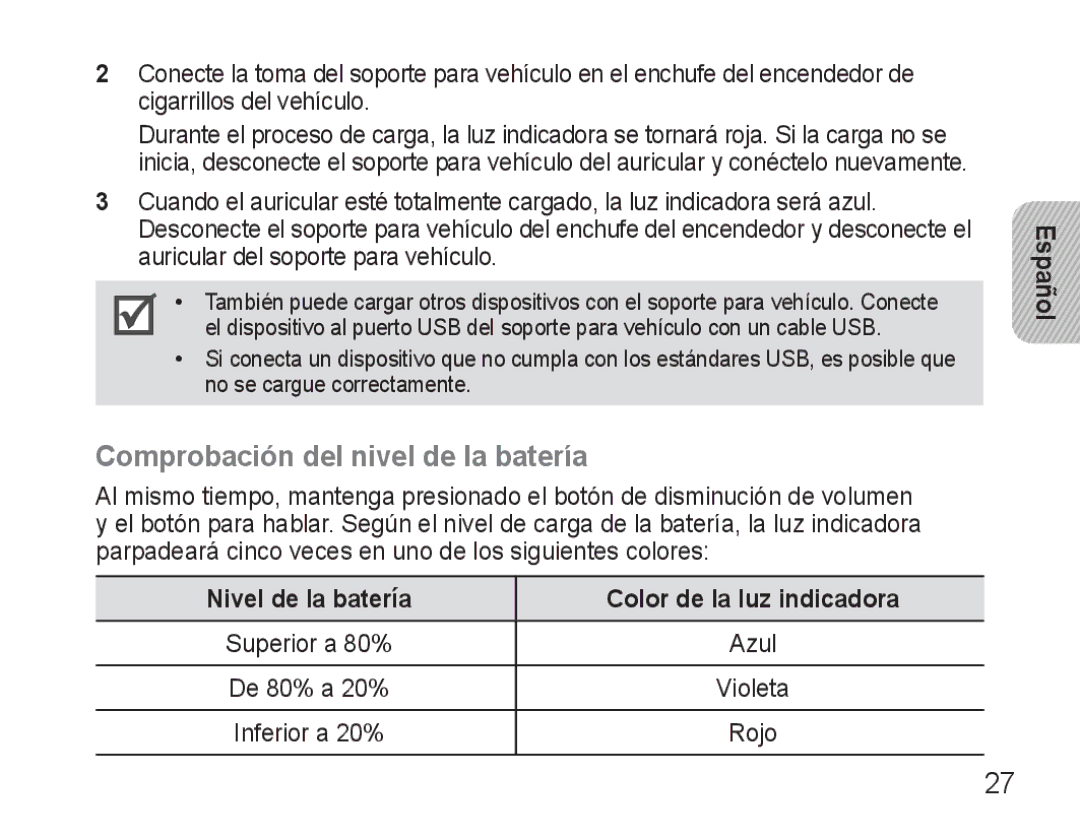 Samsung AWEP570VBECXEH manual Comprobación del nivel de la batería, Nivel de la batería Color de la luz indicadora 