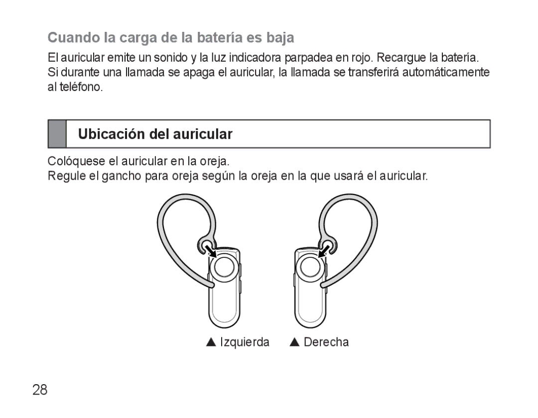 Samsung AWEP570VBECSER, AWEP570VBECXEF, AWEP570EBECXEF manual Cuando la carga de la batería es baja, Ubicación del auricular 