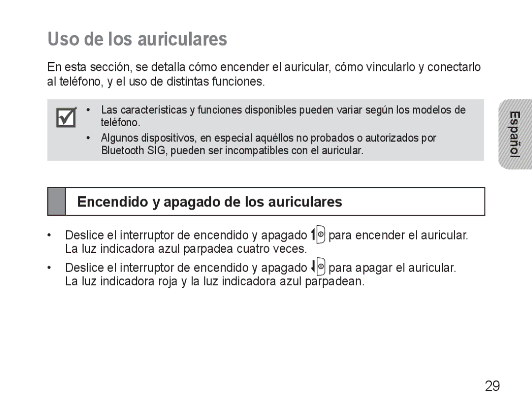 Samsung AWEP570VBECXEF, AWEP570EBECXEF, AWEP570VBECXEH manual Uso de los auriculares, Encendido y apagado de los auriculares 