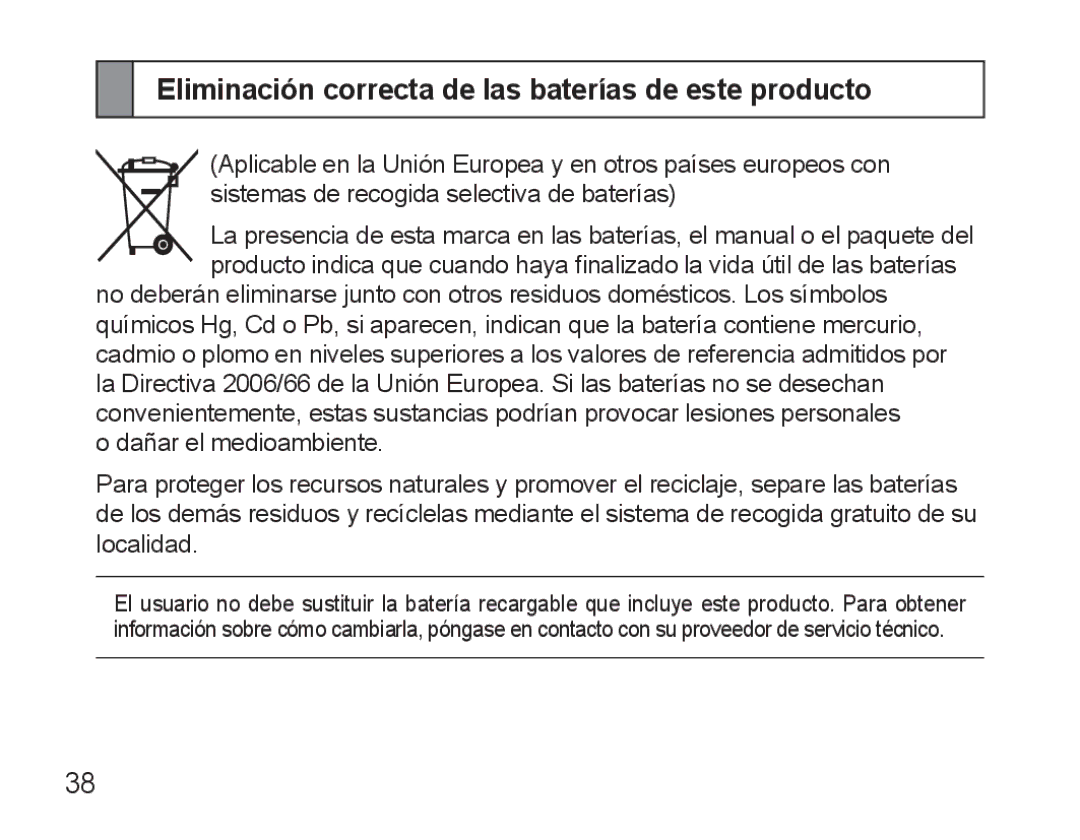 Samsung AWEP570EBECXEF, AWEP570VBECXEF, AWEP570VBECXEH, AWEP570VBECSER Eliminación correcta de las baterías de este producto 