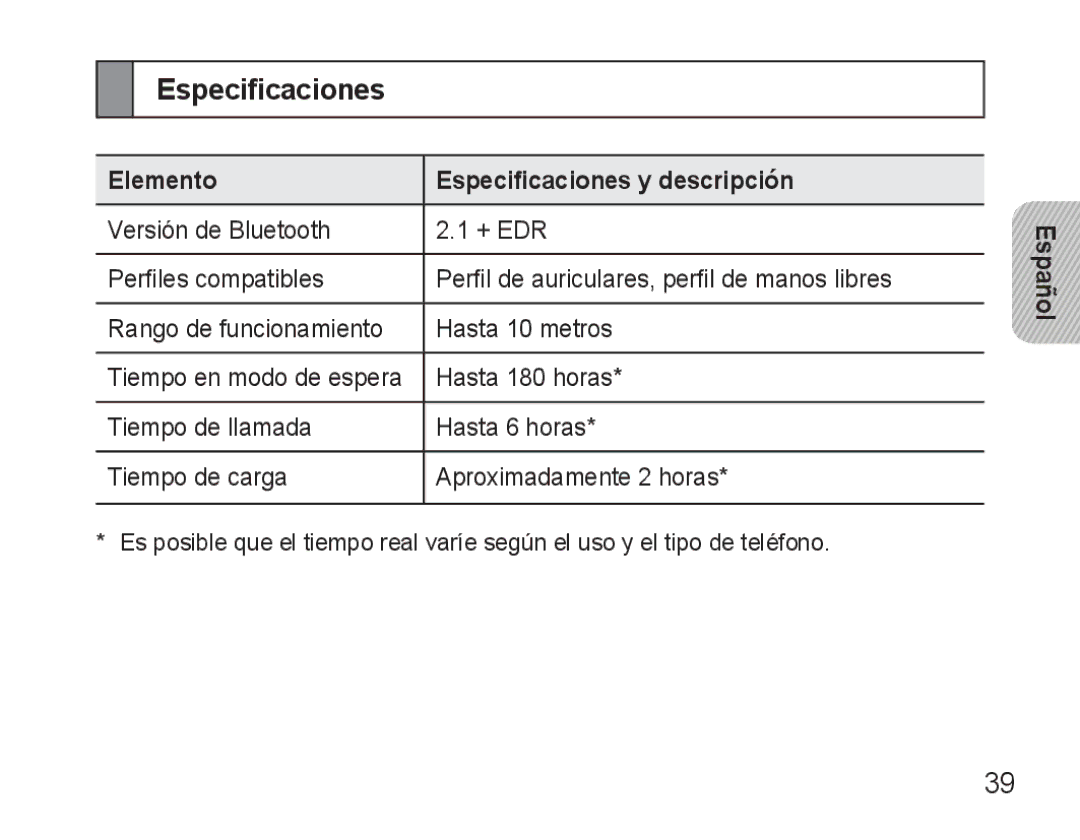 Samsung AWEP570VBECXEH, AWEP570VBECXEF, AWEP570EBECXEF, AWEP570VBECSER manual Elemento Especificaciones y descripción 