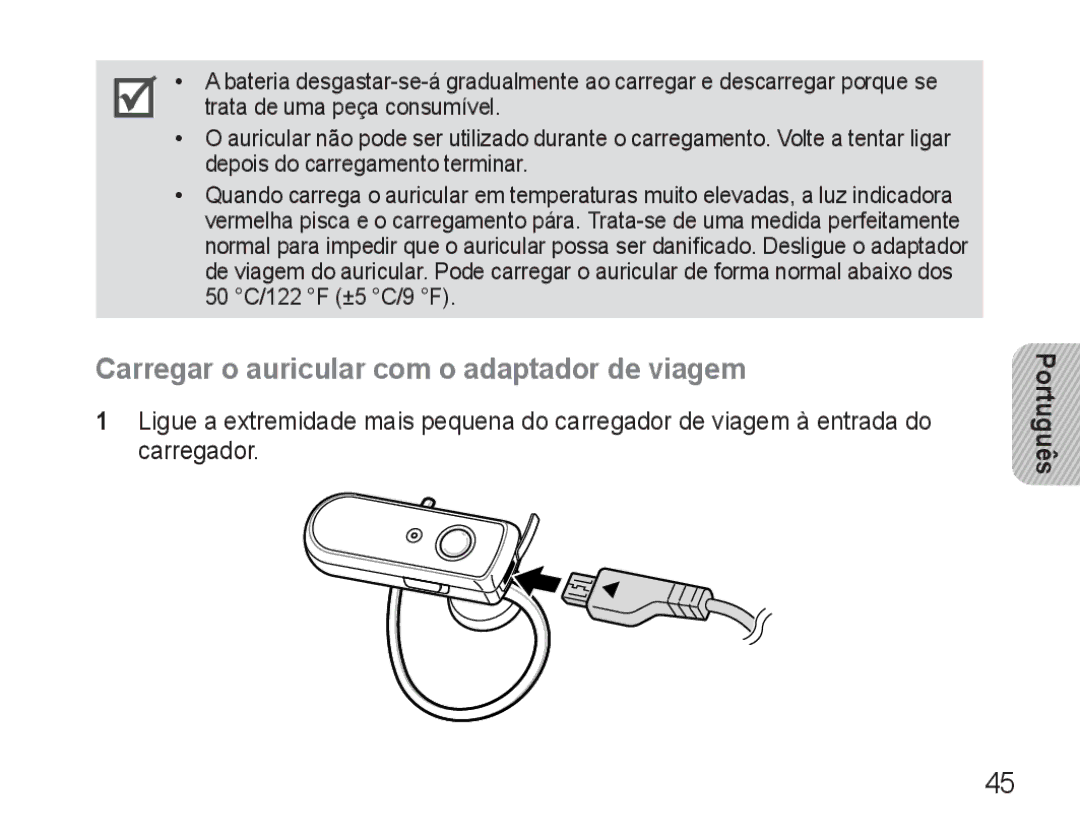 Samsung AWEP570VBECXEF, AWEP570EBECXEF, AWEP570VBECXEH manual Carregar o auricular com o adaptador de viagem, Português 