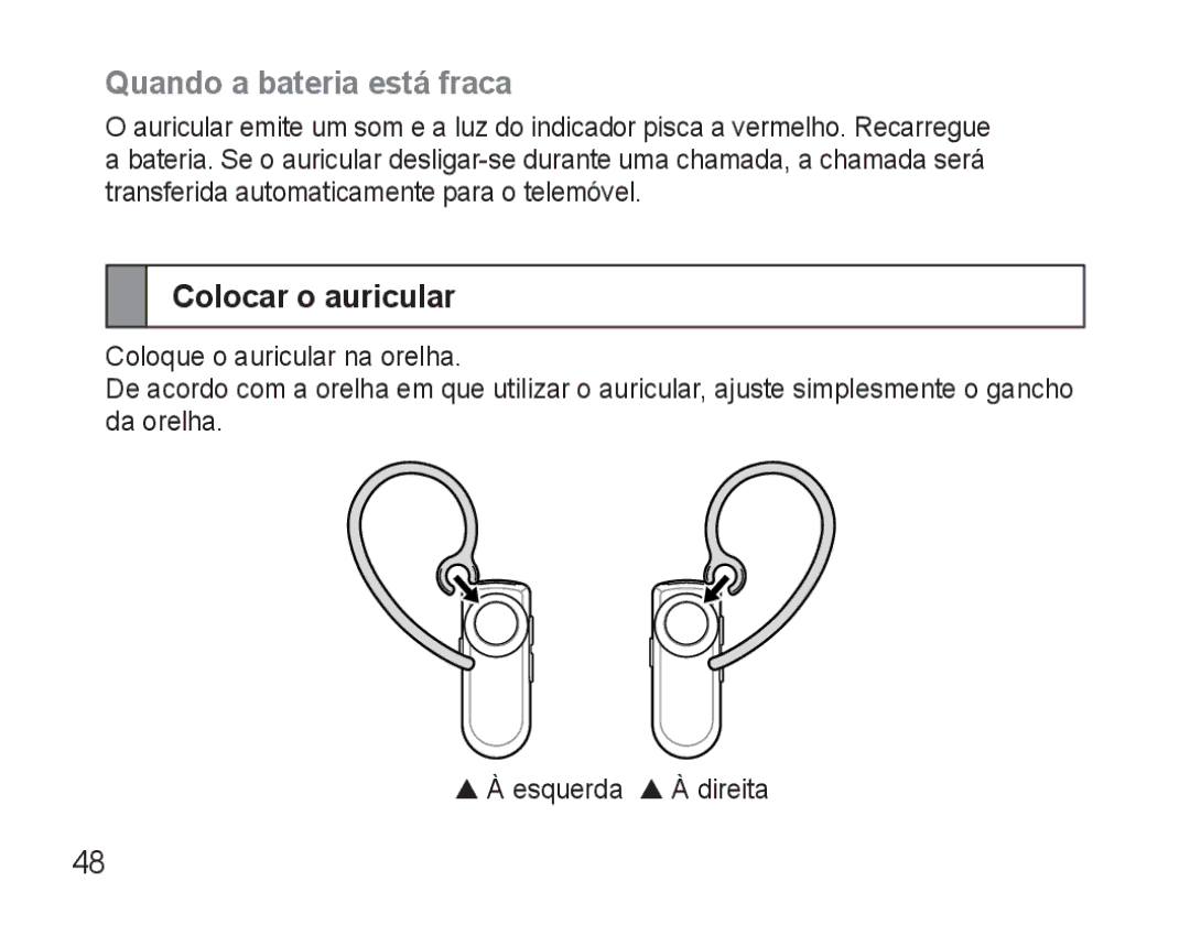 Samsung AWEP570VBECSER, AWEP570VBECXEF, AWEP570EBECXEF, AWEP570VBECXEH manual Quando a bateria está fraca, Colocar o auricular 
