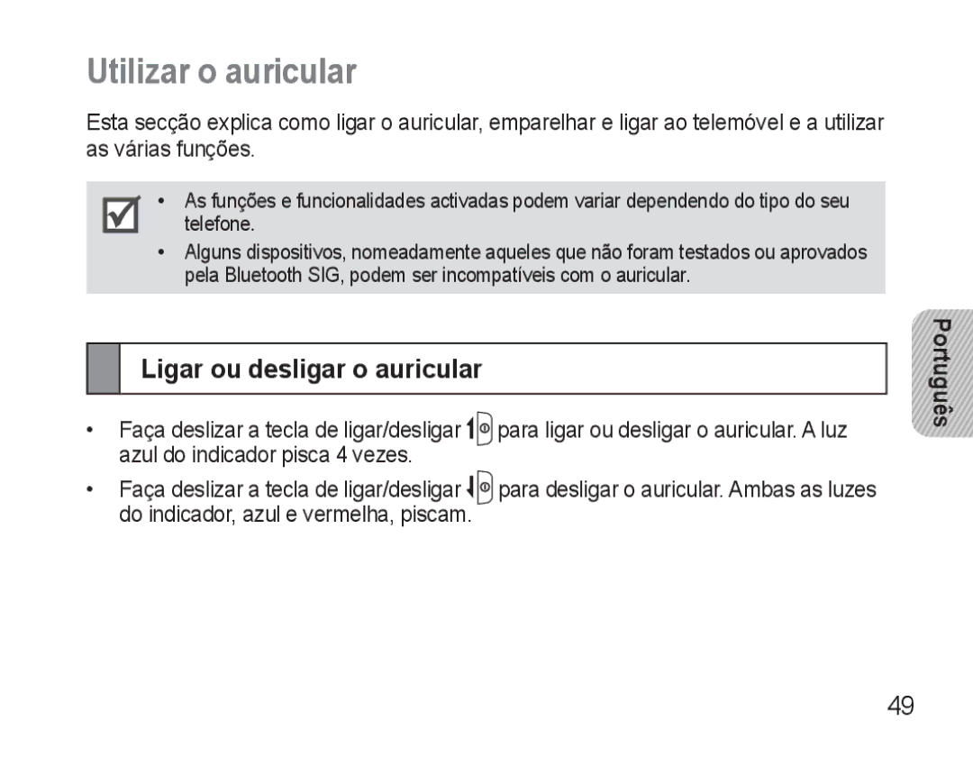 Samsung AWEP570VBECXEF, AWEP570EBECXEF, AWEP570VBECXEH, AWEP570VBECSER Utilizar o auricular, Ligar ou desligar o auricular 