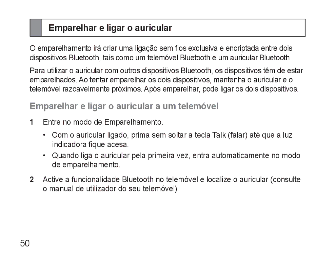 Samsung AWEP570EBECXEF, AWEP570VBECXEF, AWEP570VBECXEH, AWEP570VBECSER Emparelhar e ligar o auricular a um telemóvel 