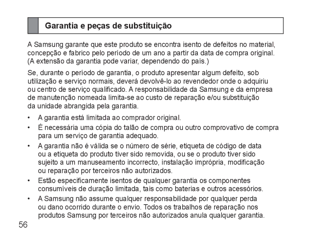 Samsung AWEP570VBECSER, AWEP570VBECXEF, AWEP570EBECXEF, AWEP570VBECXEH manual Garantia e peças de substituição 