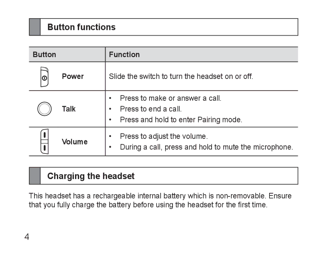 Samsung AWEP570VBECSER, AWEP570VBECXEF manual Button functions, Charging the headset, Button Function Power, Talk, Volume 