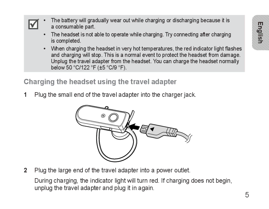 Samsung AWEP570VBECXEF, AWEP570EBECXEF, AWEP570VBECXEH, AWEP570VBECSER manual Charging the headset using the travel adapter 