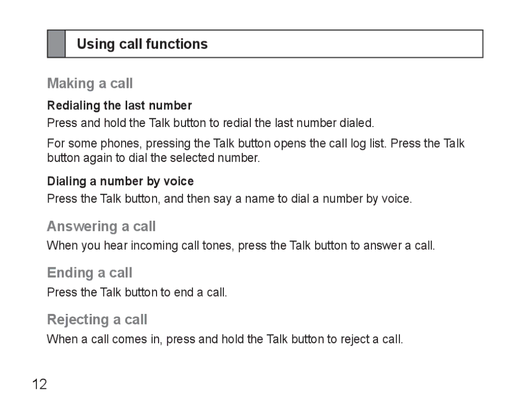 Samsung AWEP570VBECSER manual Using call functions, Making a call, Answering a call, Ending a call, Rejecting a call 